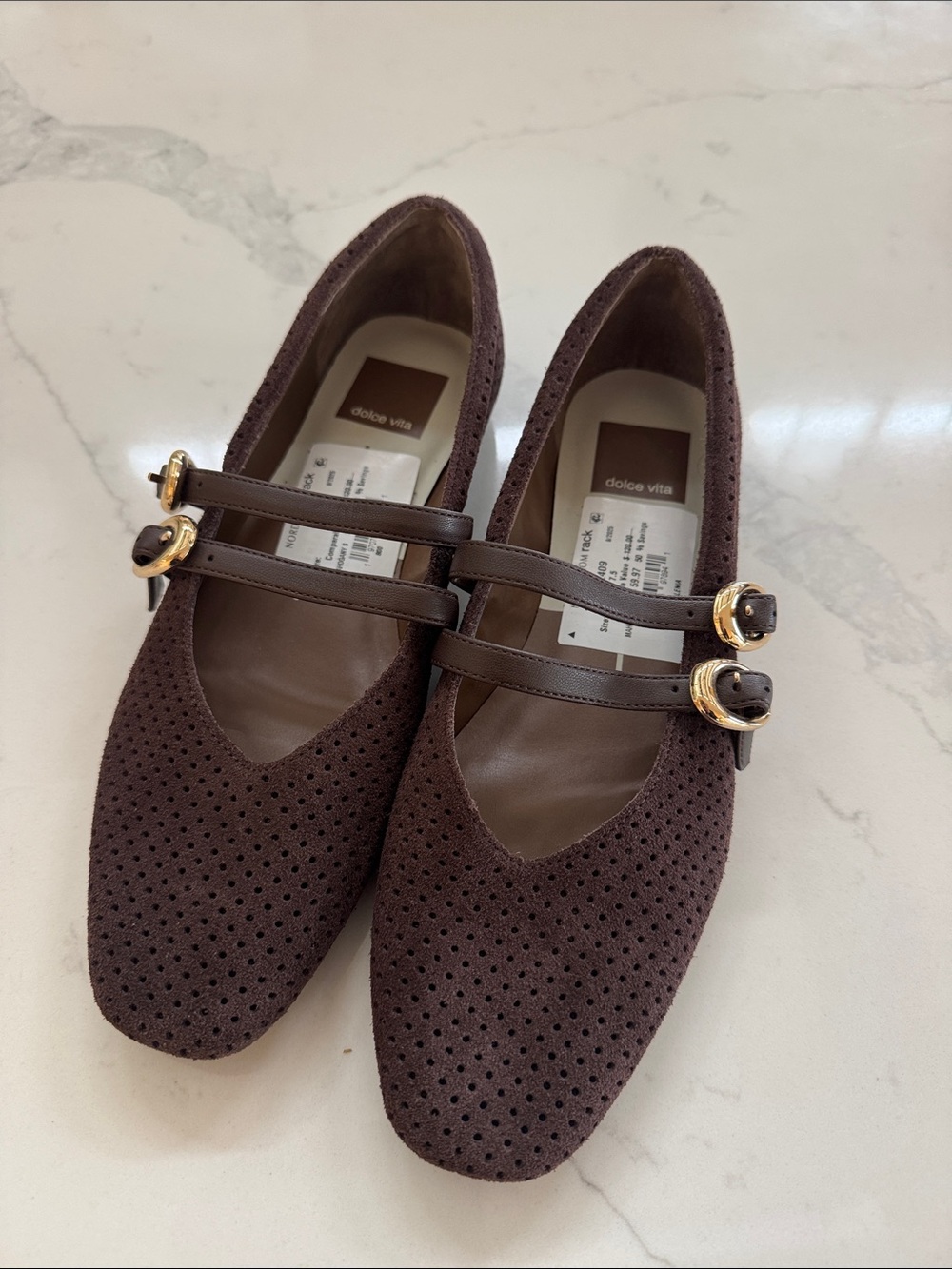 Dolce Vita Brown Perforated Mary Jane Flats with Gold Buckles